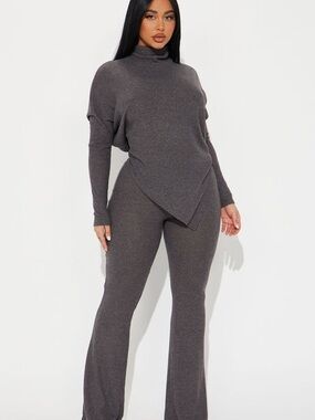 Fashion Nova Charcoal Ribbed Flare Pants & High-Neck Top Set